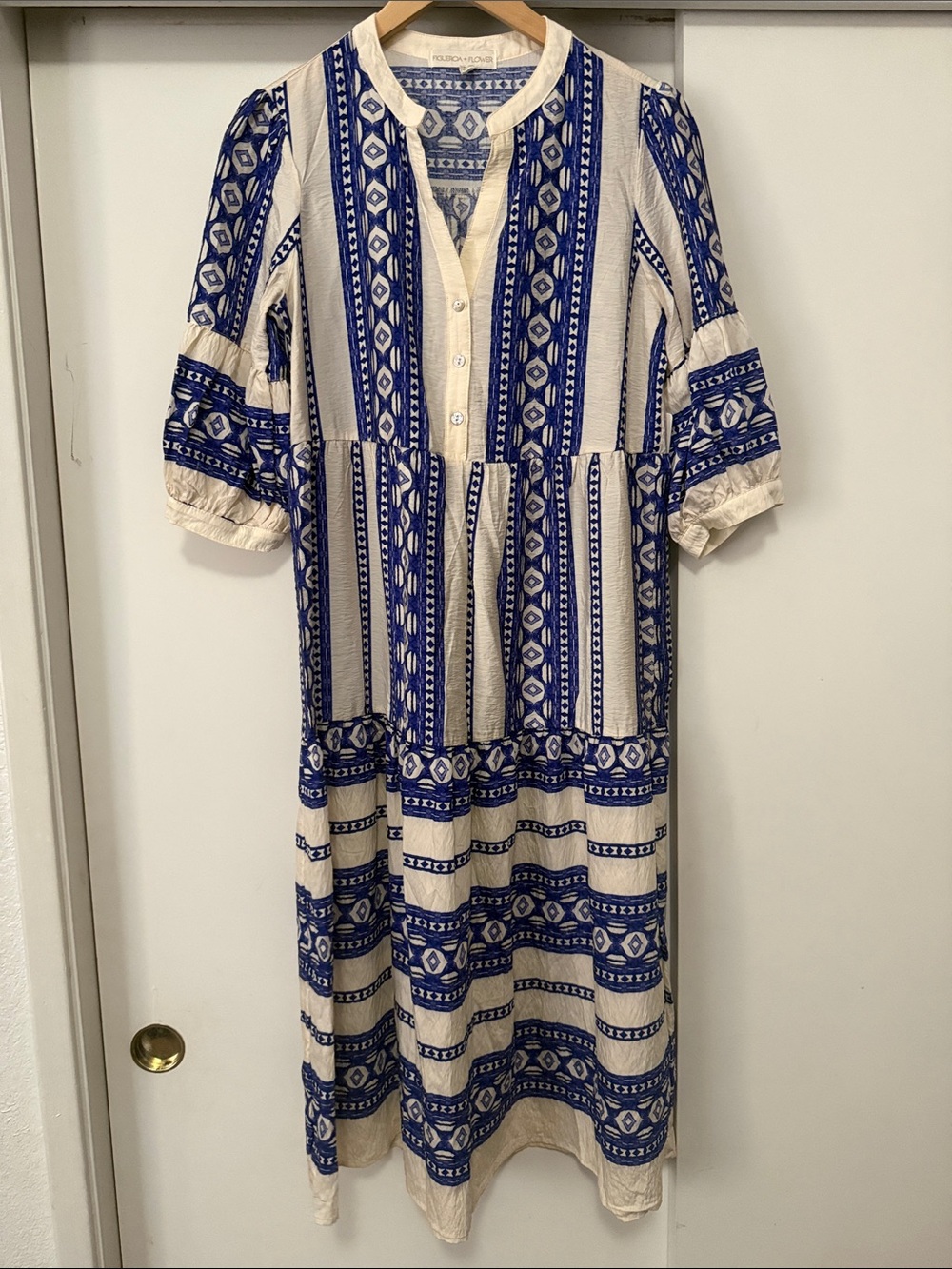 Bohemian Printed Cream Midi Dress with Blue Stripe Pattern